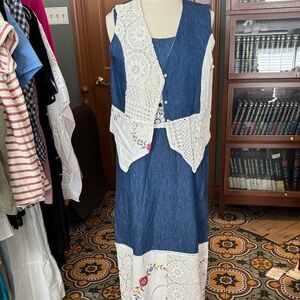 Denim Blue Maxi Dress with Crochet Lace Vest - Bohemian Style